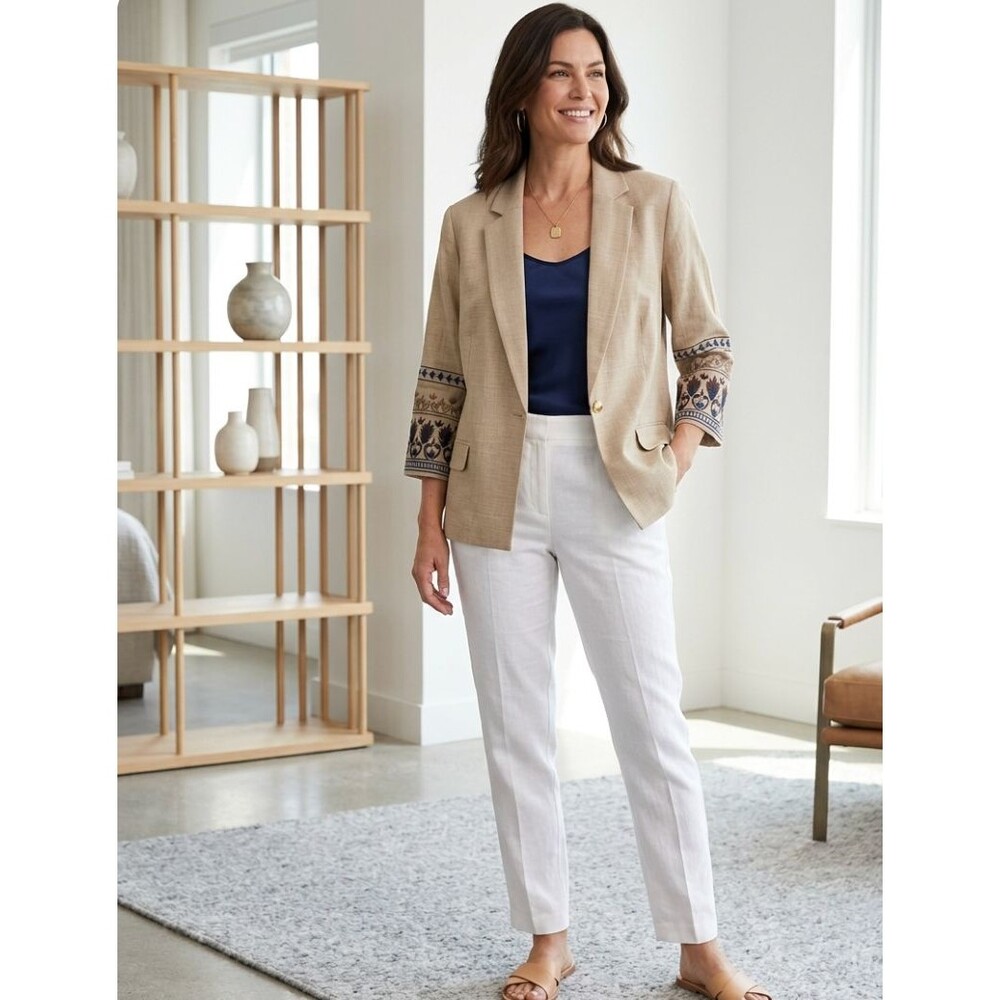 New York Clothing Company Unlined Blazer Embroidered Sleeves, Oatmeal Tan, PXL